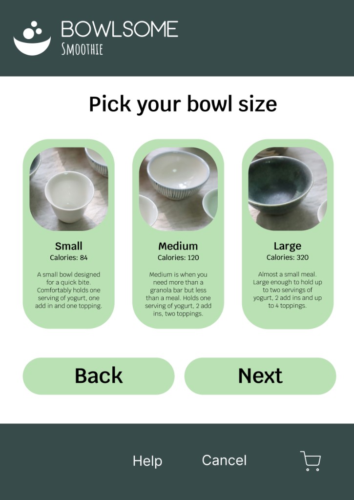 Bowlsome Smoothie bowl size selection screen