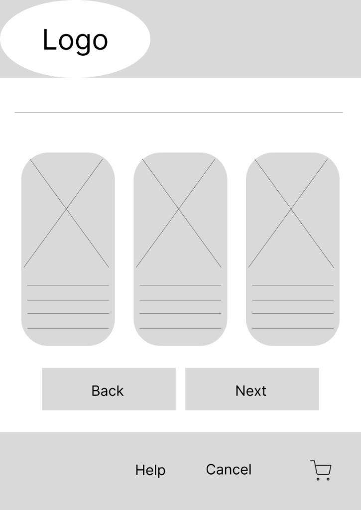 Low-fidelity wireframe for choosing menu items