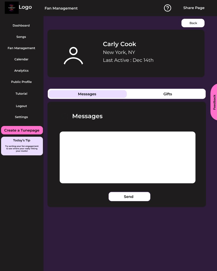 TunePact fan management messages toggle