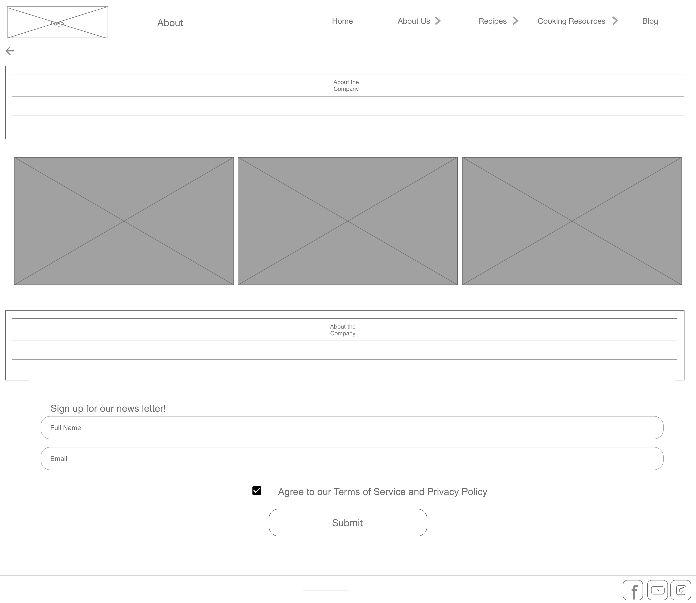 Desktop wireframe of the Upskillet about page with newsletter signup