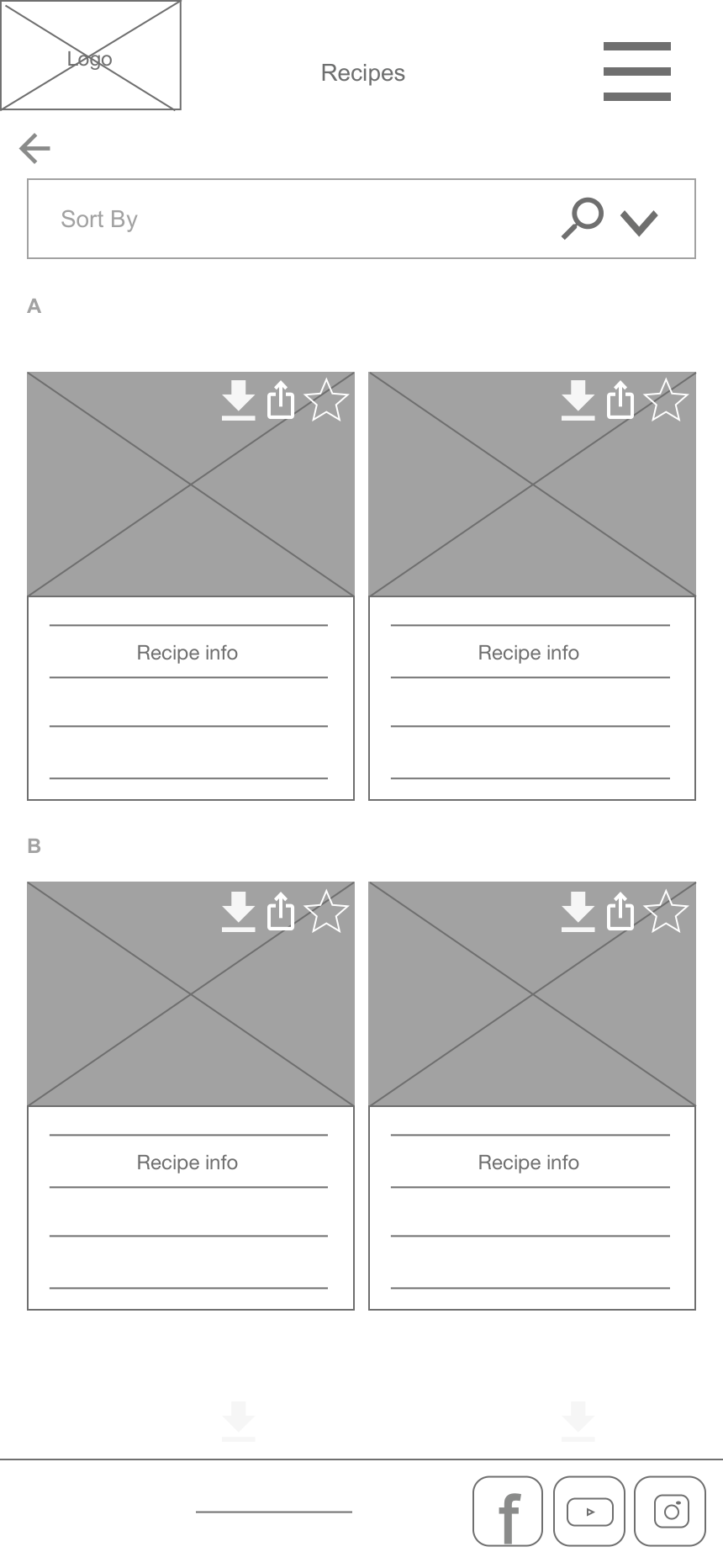 Mobile wireframe of Upskillet recipe browsing