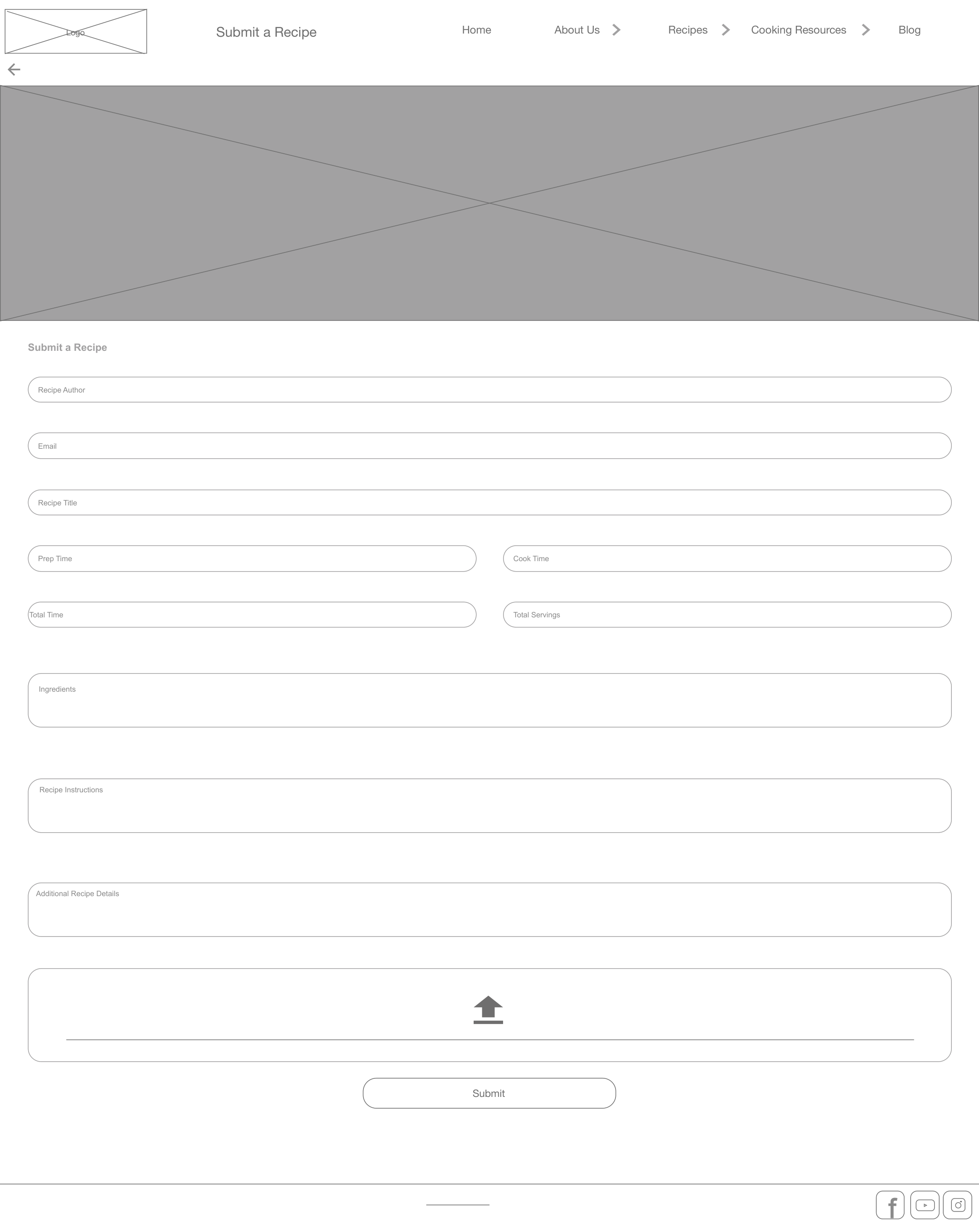 Desktop wireframe of the Upskillet submit a recipe form