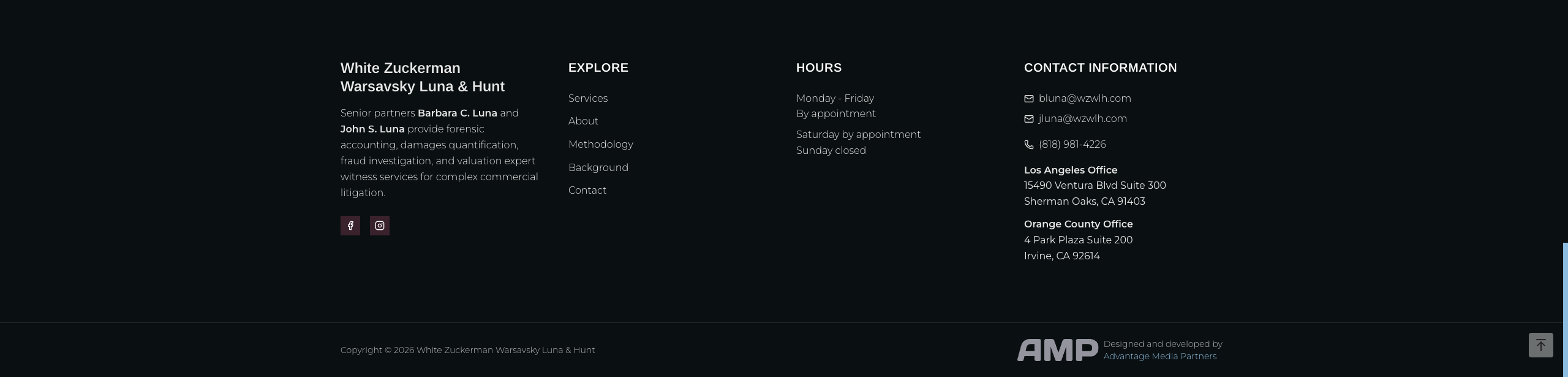 White Zuckerman site footer with offices and contact details